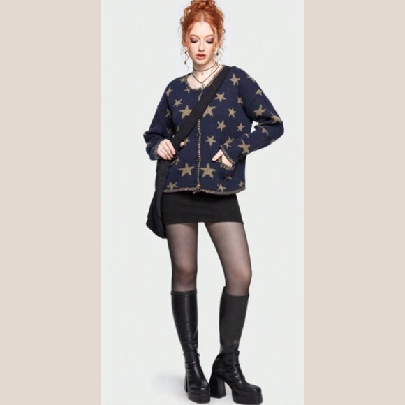 Romwe Hippie Star Pattern Navy Drop Shoulder Cardigan Medium - Picture 4 of 6